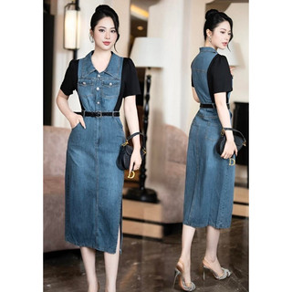 ( HÀNG QUẢNG CHÂU CAO CẤP ) VÁY ĐẦM  JEAN - PHỐI THUN CÁCH ĐIỆU ( CC020524460)