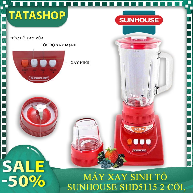 Máy xay sinh tố Sunhouse SHD5115 2 cối, đỏ, 300w, 1,2L, xay thịt, xay cá, xay đá nhỏ, rau củ quả, bả