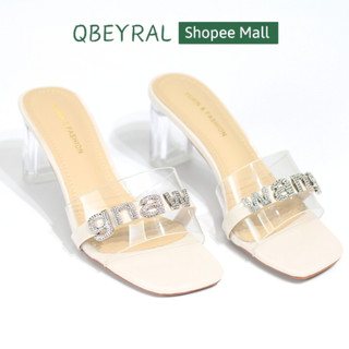 Dép nữ đế vuông Qbeyral mũi vuông cao 6cm quai trên trong bản to tag chữ wang kim loại đính đá DT044