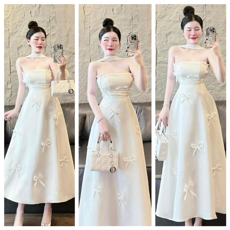 đầm cổ yếm cup ngực đính nơ
