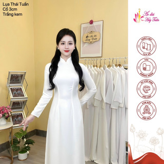 Áo dài truyền thống cổ 3 phân màu trắng kem vải lụa thái tuấn dày dặn co giãn