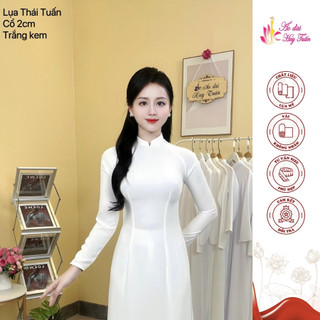 Áo dài truyền thống cổ 2 phân màu trắng kem vải lụa thái tuấn dày dặn co giãn