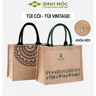 Túi đi biển, túi cói, túi cói vintage, họa tiết trống đồng và xương rồng, Sinh Mộc - M3604