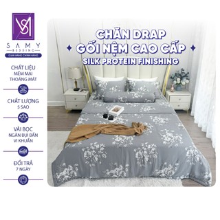 Bộ Chăn Ga Gối Lụa Tencel Silk Protein SAMY BEDDING xám hoa cao cấp