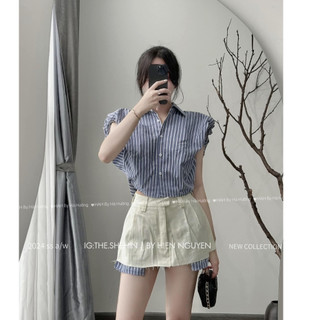 Set đầm sơ mi kẻ cánh tiên độn vai mix chân váy trắng sang chảnh, váy thiết kế LuciK Shop SB0092
