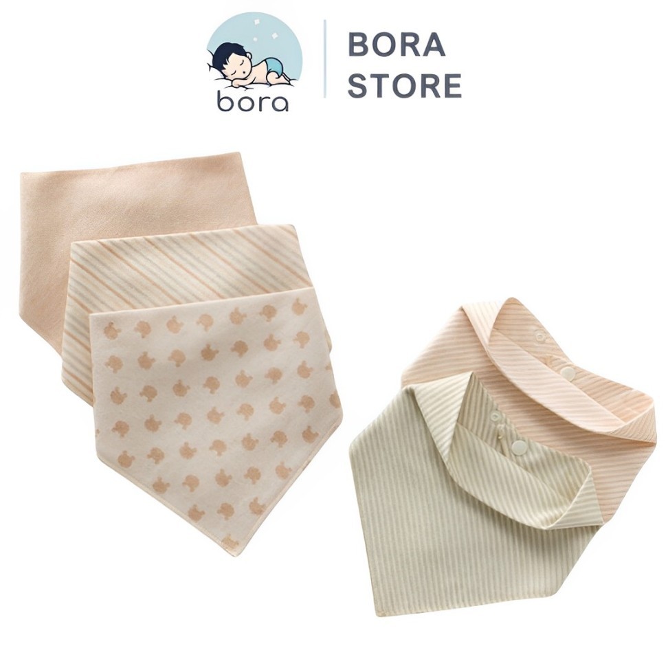 Khăn yếm tam giác cotton hữu cơ tự nhiên 100%, 2 cúc bấm