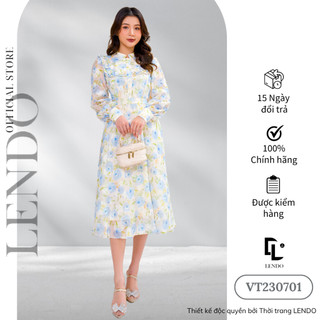 Đầm Váy Hoa Công Sở LENDO VT230701 Dáng Dài Xòe A Cổ Tàu Dài Tay Phối Bèo Ngực