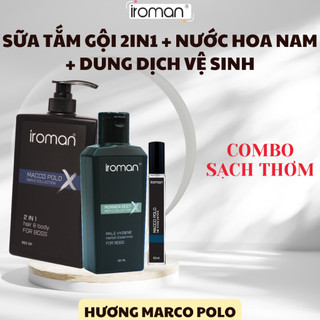 Bộ Sản Phẩm IROMAN Sữa Tắm Gội 2IN1 Hương Nước Hoa Pháp 650G + Nước Hoa Pháp 10ML + Dung Dịch Vệ Sinh Nam 120G