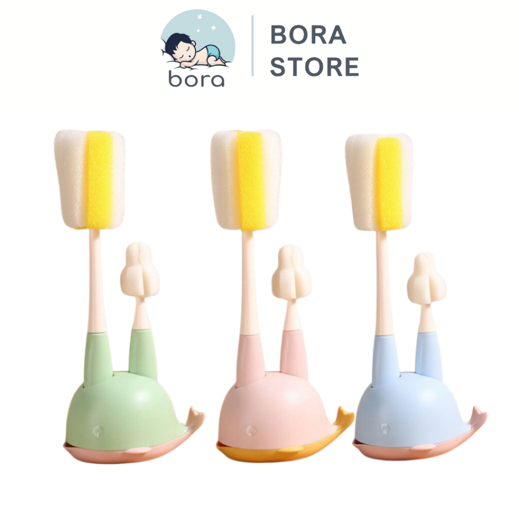 Cọ rửa bình sữa mút xốp 2 chi tiết cho bé, có đế phơi hình cá heo