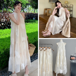 Đầm Maxi Cổ Yếm Đi Biển Chất Voan Thêu Hoa Thắt Nơ Sau Siêu Xinh, Labibi