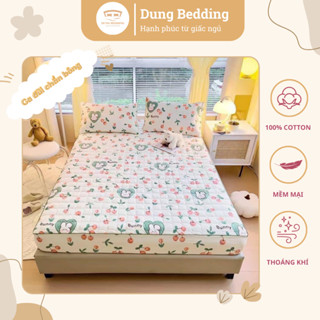 Bộ ga kèm 2 vỏ gối trần bông đũi sơ đậu nành dày dặn cotton siêu mềm mịn thoáng mát hoạt tiết hoa gấu dâu cute