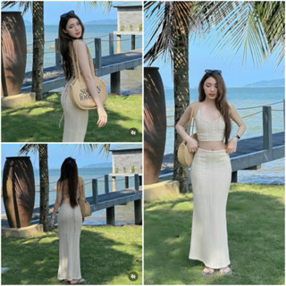 (T’achi) Set áo 2 dây ren lưới kem croptop cột dây lưng kèm chân váy maxi form body đi biển