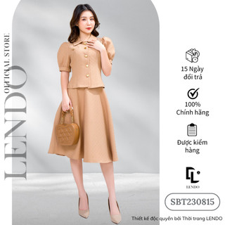 Sét Bộ Công Sở LENDO SBT230815 Áo Dáng Ôm Cổ Đức Tay Ngắn Bồng Chân Váy Midi Dáng Xòe