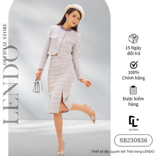 Sét Bộ Dạ Công Sở LENDO SB230836 Áo Croptop Cổ Tròn Phối Bèo Chân Váy Ôm Bút Chì Dáng Dài