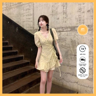  Đầm hoa nhí buộc dây eo cổ chữ V  Váy mùa hè buộc dây eo hoa nhí 3 màu nhẹ nhàng 