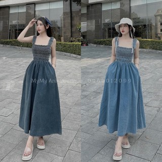 Váy jeans dáng dài chun ngực 2 dây bản to hàng QC