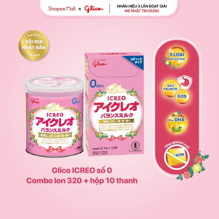 Combo Sữa Glico Icreo Balance Milk (Icreo Số 0) Lon 320g và Hộp 10 Thanh Tiện Dụng (12,7g x10 Thanh/Hộp)