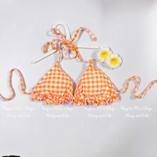 Áo bơi nữ, áo bikini nữ, vải caro xốp nhún bèo dễ thương ngọt ngào nữ tính màu cam neon xịn, đồ bơi cao cấp, có đệm mút