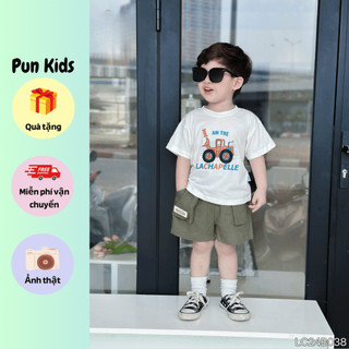 Set bộ cotton hoạ tiết máy xúc cá tính cho bé trai từ 08 - 29 kg BD112