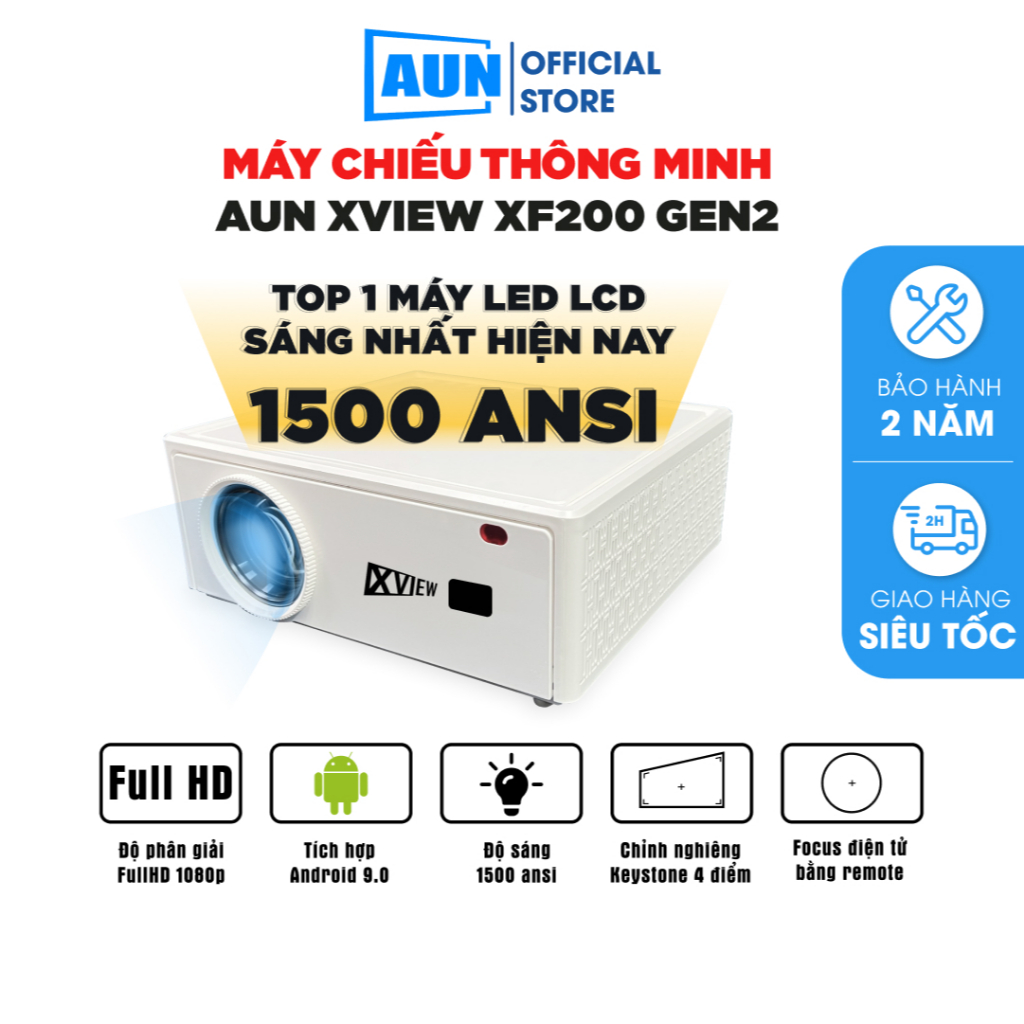 Máy chiếu thông minh AUN Xview XF200 Gen2 - LED LCD - Độ phân giải Full HD, độ sáng 1500 ansi - Tích hợp AndroidTV