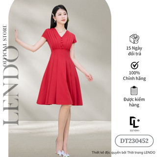 Đầm Váy Công Sở LENDO DT230452 Dáng A Cổ V Chờm Vai Xếp Ly Ngực
