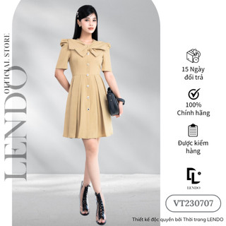 Đầm Váy Công Sở LENDO VT230707 Dáng Xòe Xếp Ly Cổ Tròn Cách Điệu Phối Nơ Ngực Tay Bồng Lửng