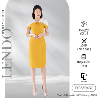 Đầm Váy Công Sở Dự Tiệc LENDO DT230437 Dáng Ôm Bút Chì Cổ V Tay Chờm Vai Phối Tag Cài Hoa Đá