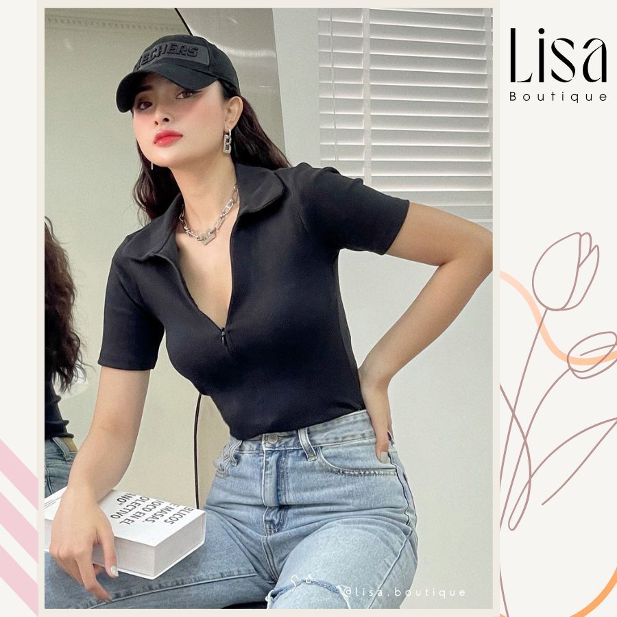 Áo Thun Nữ Xẻ Ngực SET5, Áo Thun dáng Croptop Ôm Body Co Giãn, Áo Kiểu Thun Gân Sẹcxy Ngắn Tay Cổ Bẻ Lisa Boutique