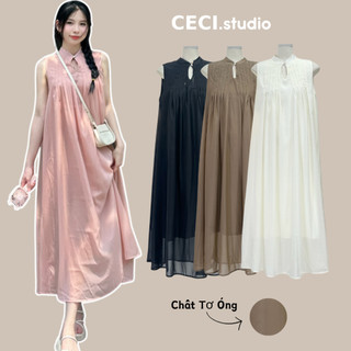 Váy suông dáng dài nữ CECI cổ giọt lệ kèm nơ thắt sau nữ tính xinh xắn chất liệu tơ óng mềm mát [V198]