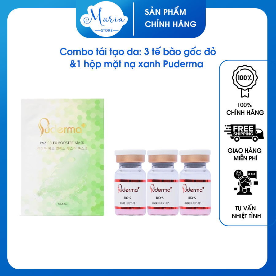 [Freeship Xtra] Combo tái tạo và phục hồi da hư tổn:1 hộp mặt nạ xanh Puderma Paz Relex Booster Mask