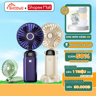 Quạt Cầm Tay Mini SHODWE Sạc Pin Tích Điện 5 Cấp Độ Gió Gấp Gọn Dung Lượng Pin Cao 6000mAH Màn Hình Hiện Thị % Pin Sạc
