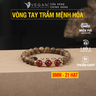 Vòng tay trầm hương thuần chay Vegan mix charm 3 đá Mệnh Hỏa 8mm