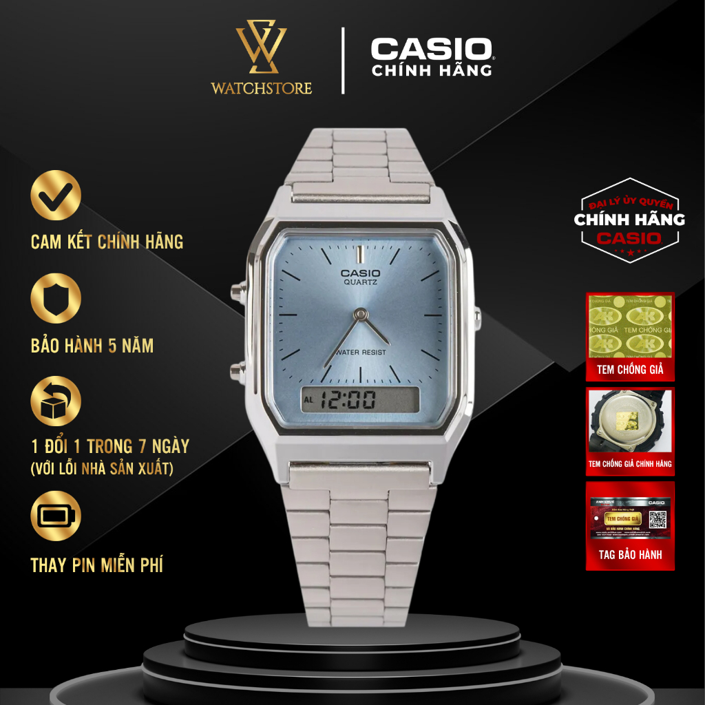 Đồng Hồ Nam/Nữ Casio AQ-230A-2A1MQYDF Kính Nhựa 38.8mm Chống Nước Vỏ Nhựa Dây Thép Không Gỉ Chính Hã