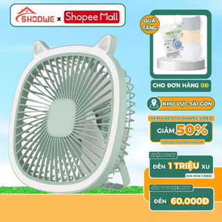 Quạt Mini Tích Điện Để Bàn SHODWE Sạc Pin 3 Cấp Độ Gió Thiết Kế Để Bàn, Treo Tường Có Đèn Tiện Dụng, Bảo Hành 12 Tháng.