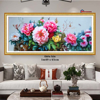Tranh Thêu kín Chữ Thập HOA MẪU ĐƠN. Kích Thước: 1m49 x 65cm