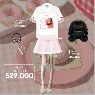 Set 2 món 1 áo 20 donut jersey thể thao silly love + 1 chân váy sachi hồng kill system