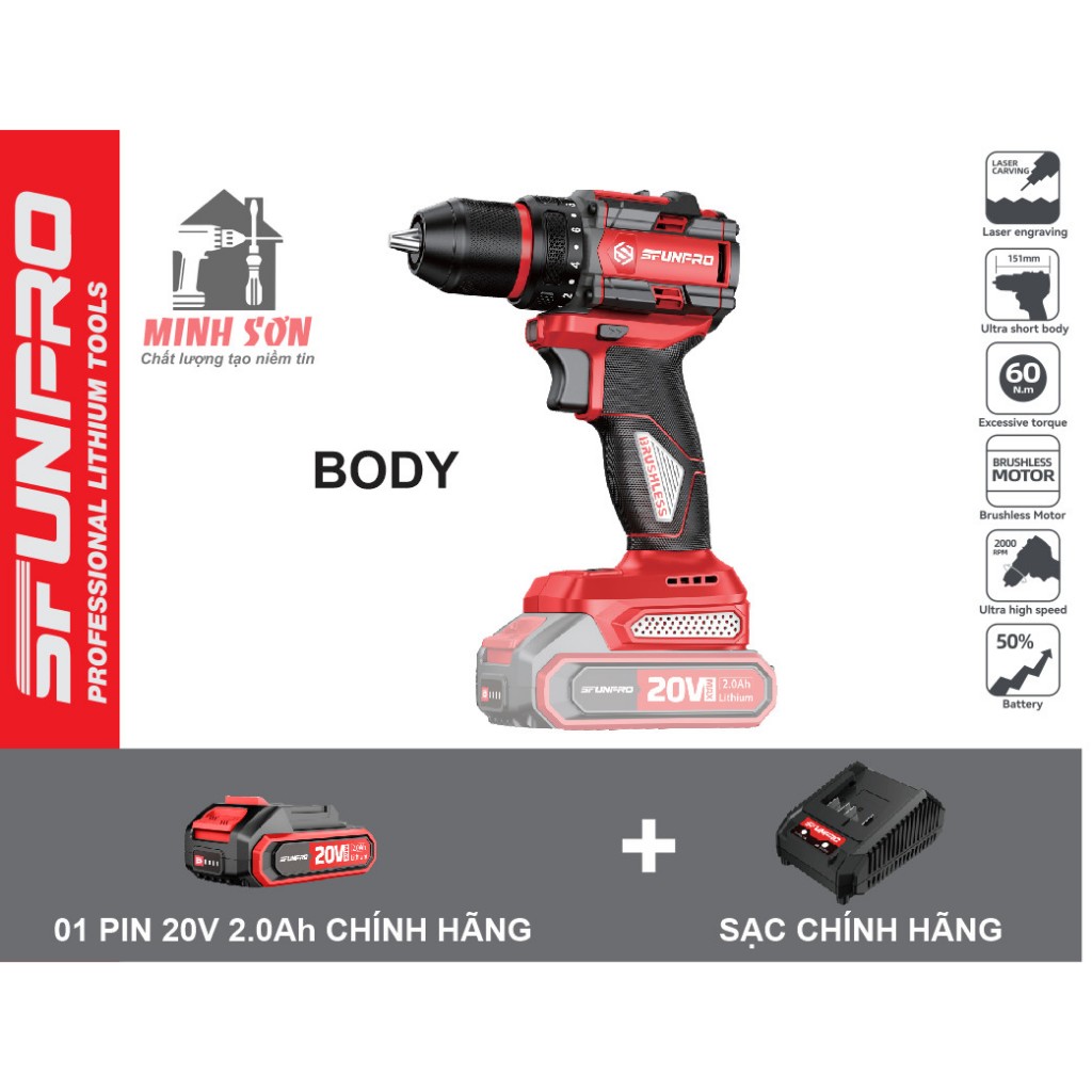 MÁY KHOAN ĐỘNG LỰC PIN  20V 13MM SFUNPRO S20BL6813R .CHÍNH HÃNG
