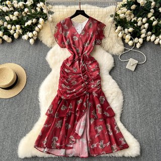 #4923 [Sẵn một số size] Đầm thời trang nữ Quảng Châu dáng cổ chữ V dáng váy đuôi cá rút dây nhiều màu có size siêu xinh