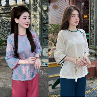 Đồ lam đi chùa - bộ lụa đi lễ chùa khuy chéo hoạ tiết chữ thọ cao cấp chất mềm mịn mặc cực thoải mái