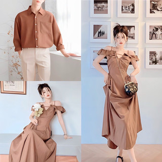 Áo váy đôi đi biển đi tiệc nâu tây hai dây bèo vai - Forever Couple Store | Tiệm Đồ Đôi