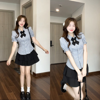 Set áo sơ mi kèm chân váy 2 tầng, áo tay phồng chiết eo tiểu thư xixeoshop - S89