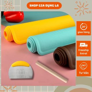 Tấm lót nhào bột silicon tặng kèm cắt bột+ cây cán gỗ kích thước 55x65cm