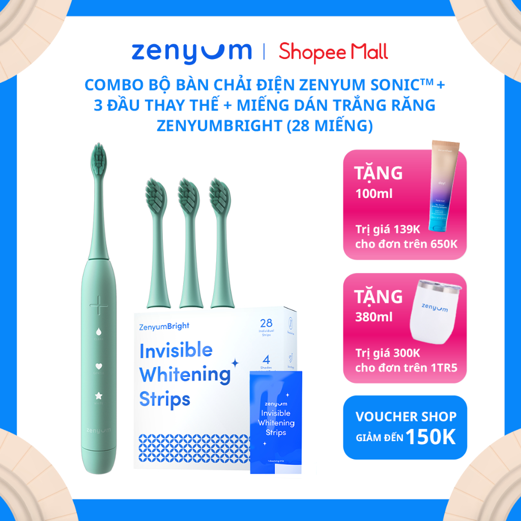 Combo bộ bàn chải điện ZenyumSonic + 3 đầu thay thế + miếng dán trắng răng ZenyumBright (28 miếng)