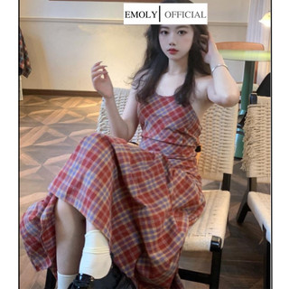 Váy maxi dáng dài hở lưng đi biển, Đầm cổ yếm họa tiết kẻ caro đỏ phong cahs thời trang đi biển mùa hè
