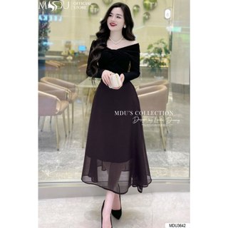  MDU3642 Váy thiết kế tiểu thư dáng xòe, chất nhũ co giãn phối với chân váy là chất tơ dày dặn, 2 lớp.