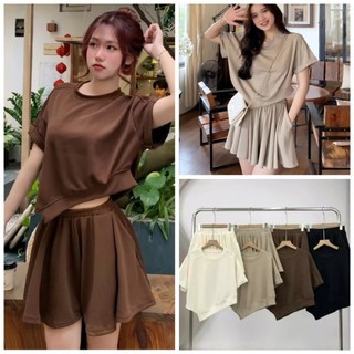 Set Áo Cộc Tay Cổ Tròn Vạt Chéo Kèm Quần Giả Váy Lưng Chun, Labibi