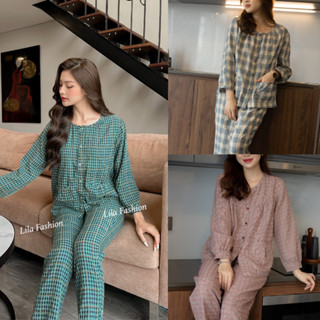 Đồ bộ pijama nhà Lila dài tay áo quần có túi kẻ caro cao cấp mềm mịn, mát khi mặc