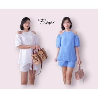 femei - Set áo yếm tay bồng quần ngắn tiểu thư chất ren thêu cao cấp