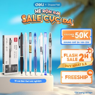 Combo 10 Bút Gel Deli Các Loại Random Nhiều Mẫu Mực Đen Deli - Bút Bi Nước Bấm / Mở Nắp Nhanh Khô Viết Mượt A575 A057B