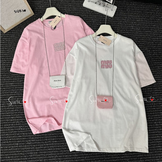 Áo Phông Đính Đá Miu Hồng Giữa Ngực Chất Cotton Thoáng Mát Mùa Hè